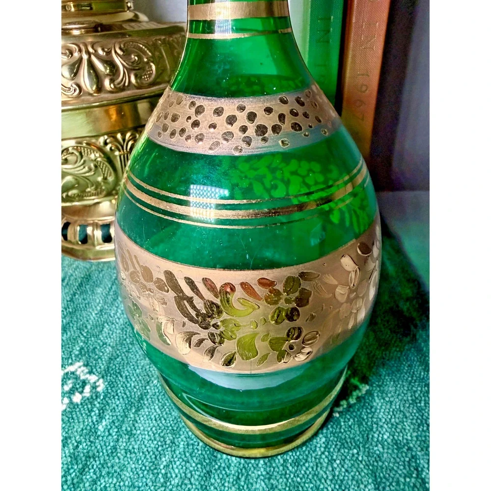 Vintage Emerald Green Glass Vase Gold Gilt Floral Decor 9.5